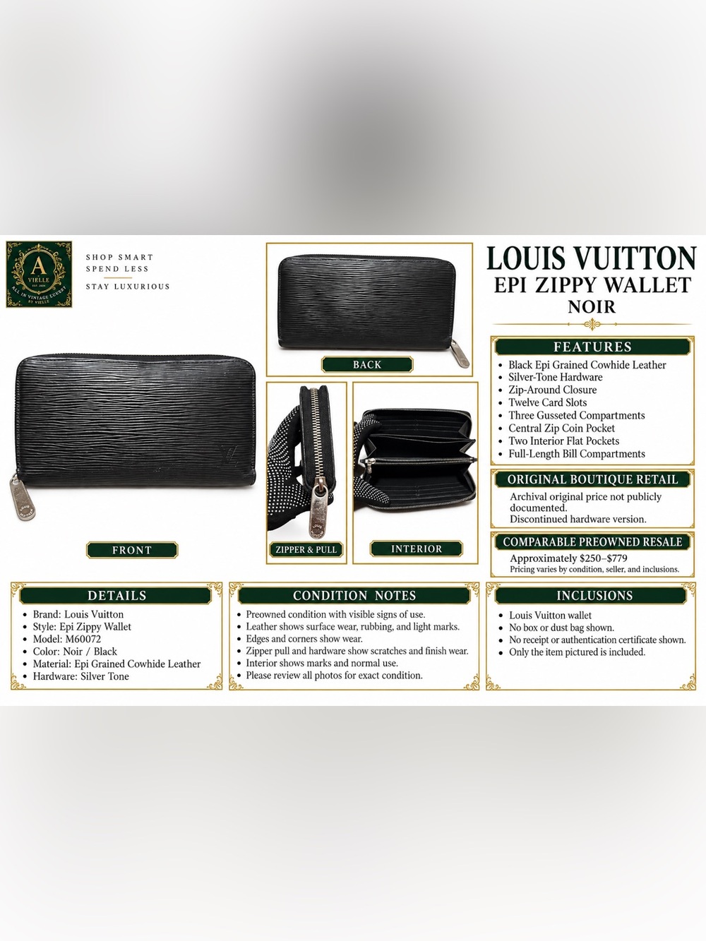 Louis Vuitton Epi Zippy Wallet Black Noir Silver Hardware Zip Around Long Wallet